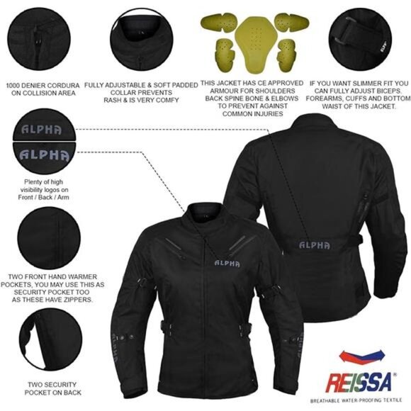 CYCLE GEAR MOTORCYCLE JACKET WATERPROOF RIDING WITH CE ARMOUR (BLACK, MEDIUM) - Picture 2 of 7